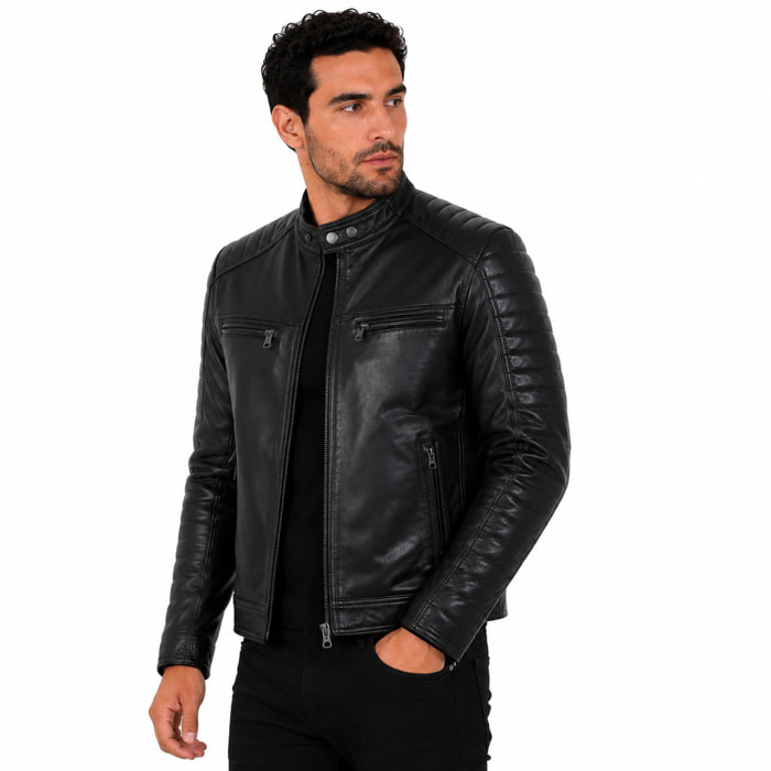 Giubbino in pelle di vitello nappa Nero-Slim Fit