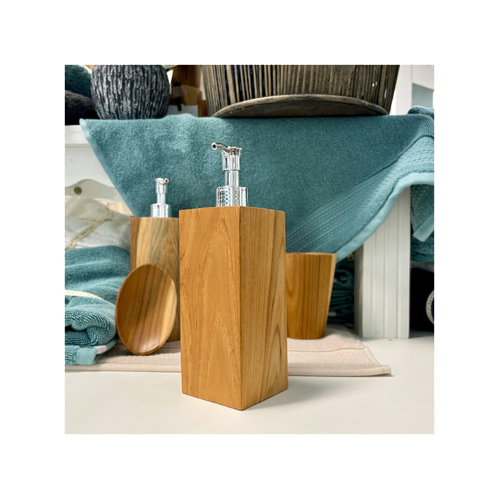 Distributeur savon carré de salle de bains en bois de teck - COLAS