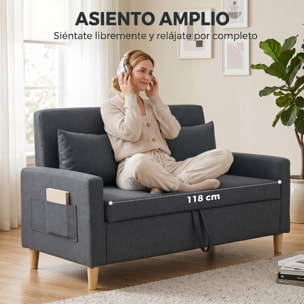 HOMCOM Sofá de 2 Plazas Tapizado en Lino Sintético con Espacio de Almacenamiento, Sofá Moderno con 2 Almohadas, Bolsillo y Patas de Madera, Carga 240 kg para Dormitorio, Salón 135x71x84 cm Gris Oscuro