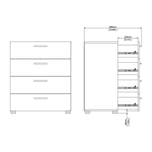 Cassettiera a quattro cassetti, colore bianco, cm 70 x 82 x 40