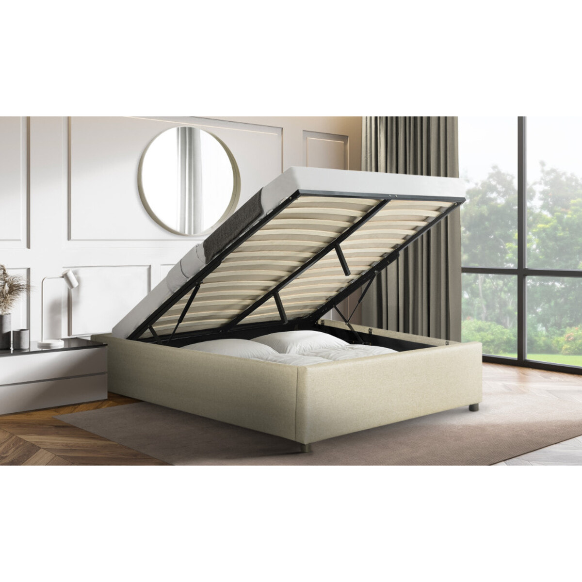 Lit coffre avec sommier Otto - Beige - Tissu