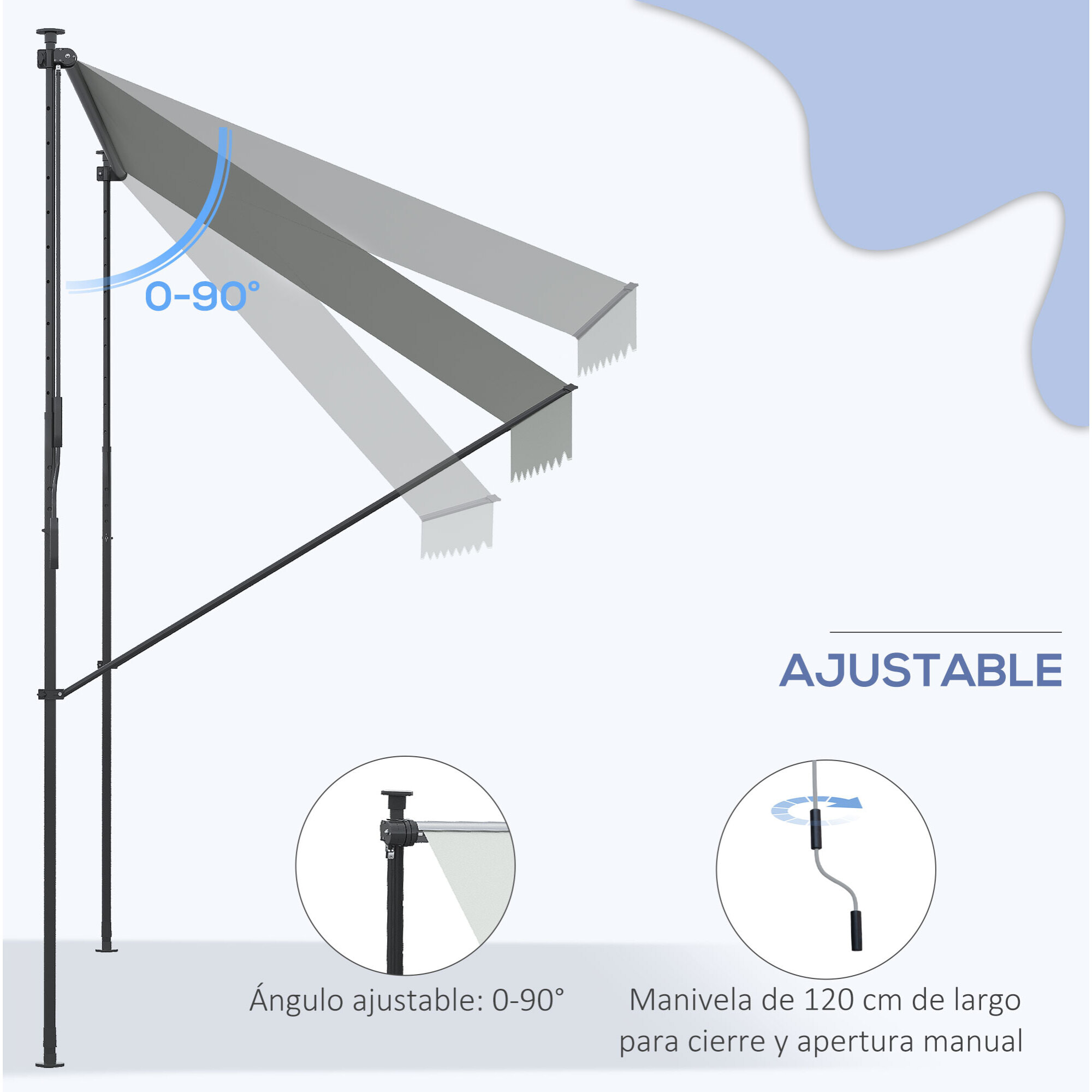 Toldo Manual Retráctil 200x170x200-290 cm Toldo Ajustable con Manivela Protección Solar UV40+ Prueba de Viento