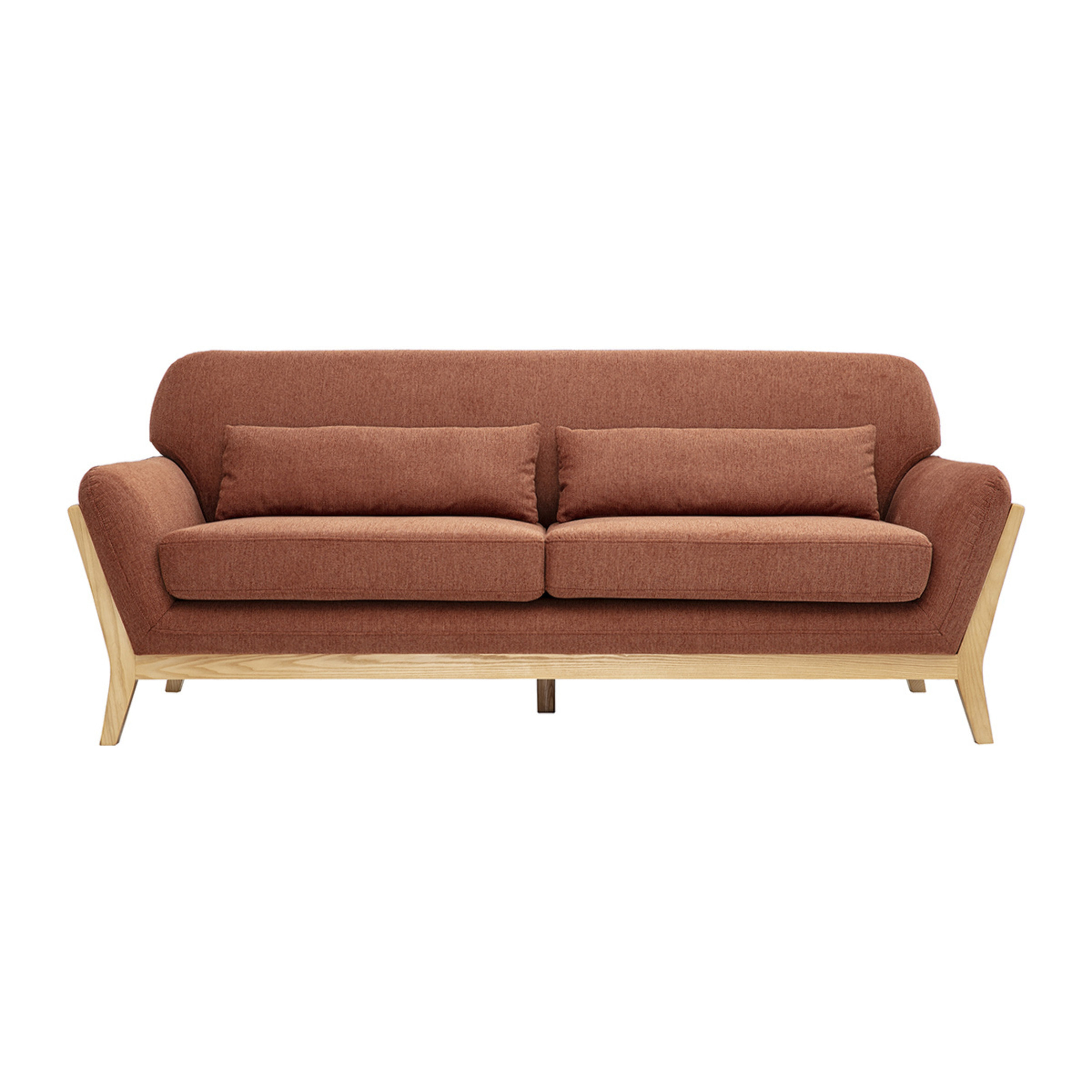 Canapé scandinave 3 places en tissu effet velours texturé terre brûlée et bois clair YOKO