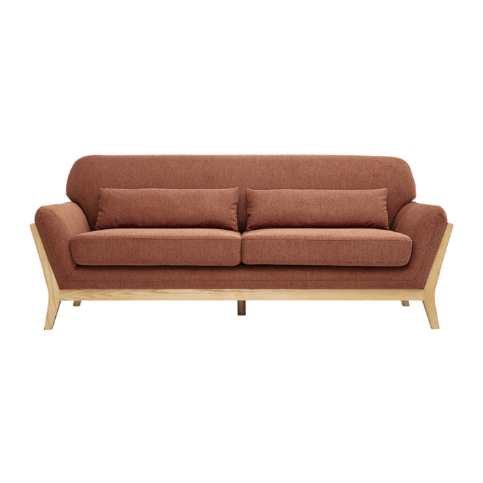 Canapé scandinave 3 places en tissu effet velours texturé terre brûlée et bois clair YOKO