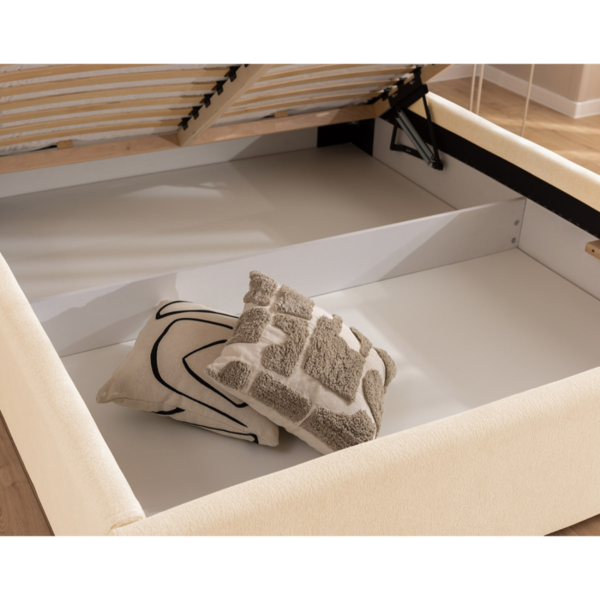 Billy - lit coffre - 140x190 cm - en tissu texturé - sommier inclus - Beige