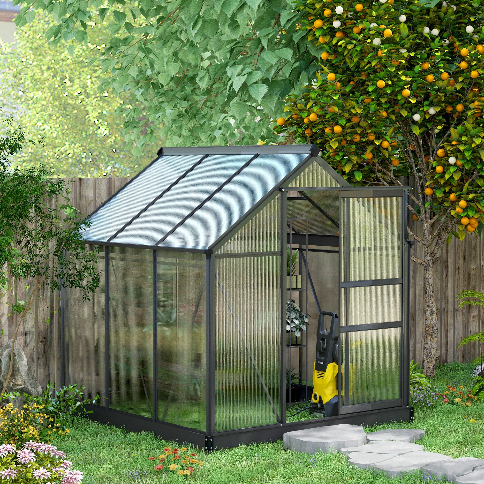 Serre de jardin aluminium polycarbonate 3,65 m² dim. 1,9L x 1,92l x 2,01H m lucarne, porte coulissante + fondation incluse alu. gris polycarbonate transparent