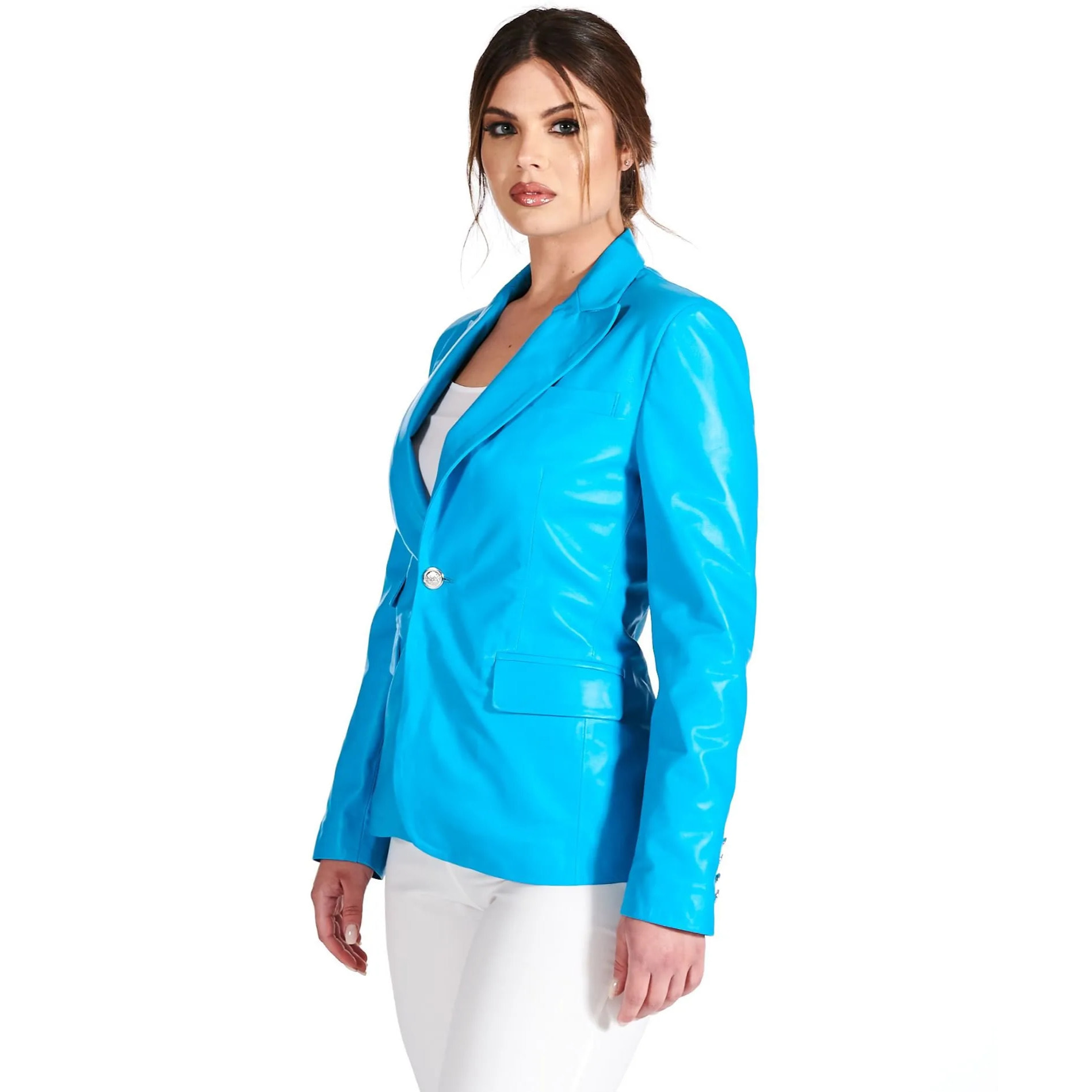 Giacca blazer in pelle naturale azzurra chiusura un bottone