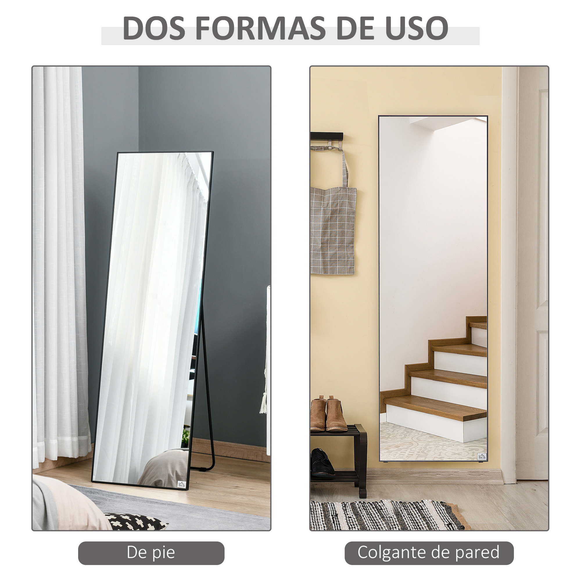 Espejo de Pie Cuerpo Entero de Aleación de Aluminio Espejo de Pared con 2 Formas de Uso Forma de Rectangular para Pasillo Dormitorio Salón 50x161,5x2 cm Negro