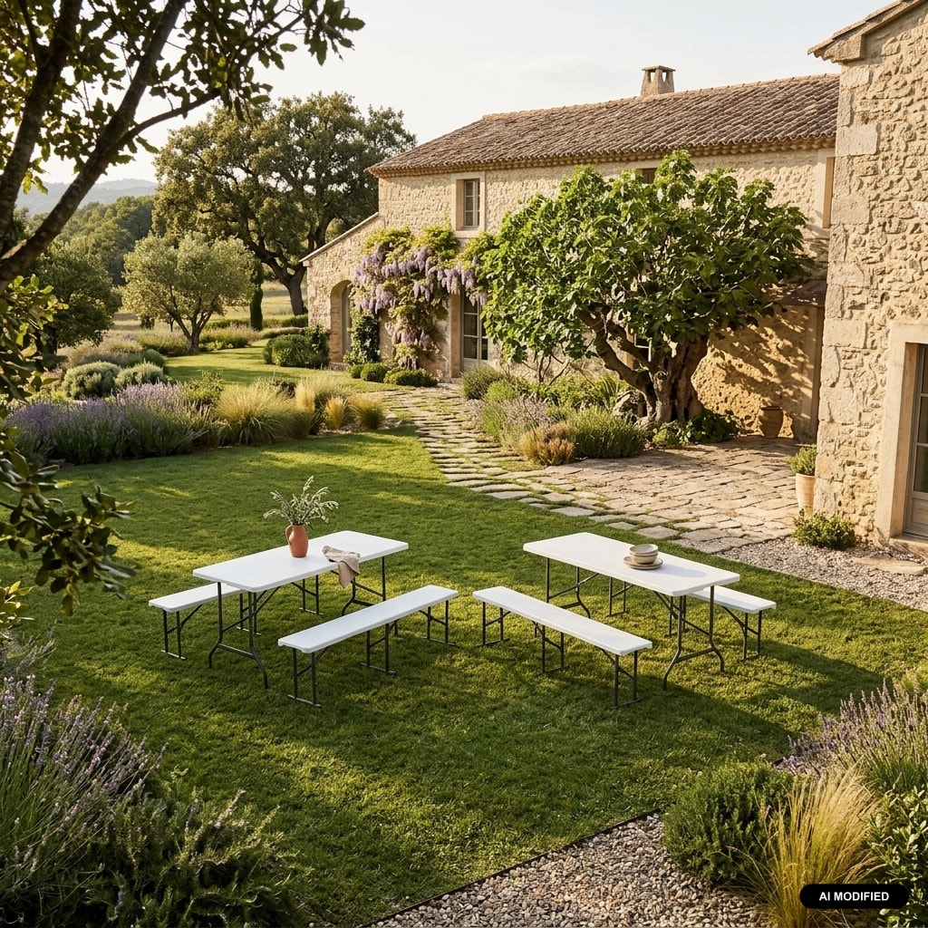 sweeek - Table de réception pliante acier 2 bancs (lot de 2) FIESTA SET ...
