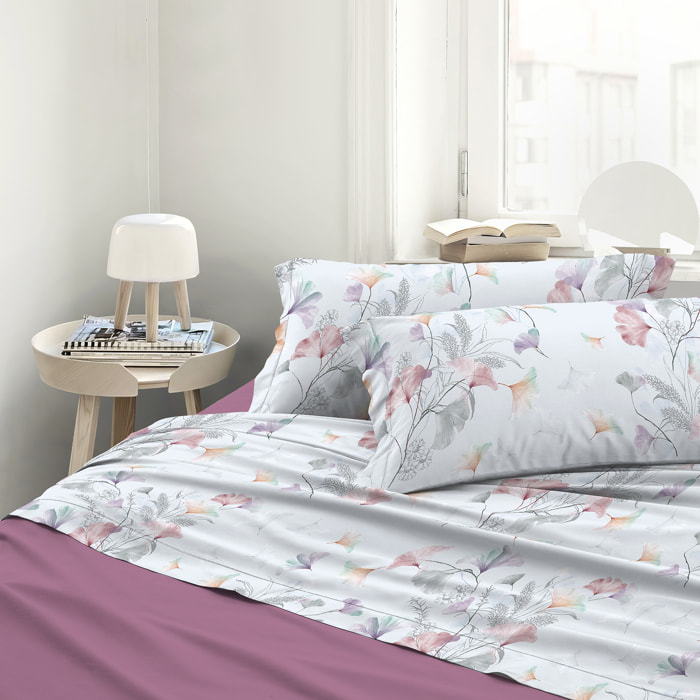 Completo letto matrimoniale in raso stampato Ginko Colors