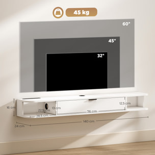 Meuble TV suspendu 140cm - porte, 2 niches, espace routeur, passe-fils - effet bois blanc