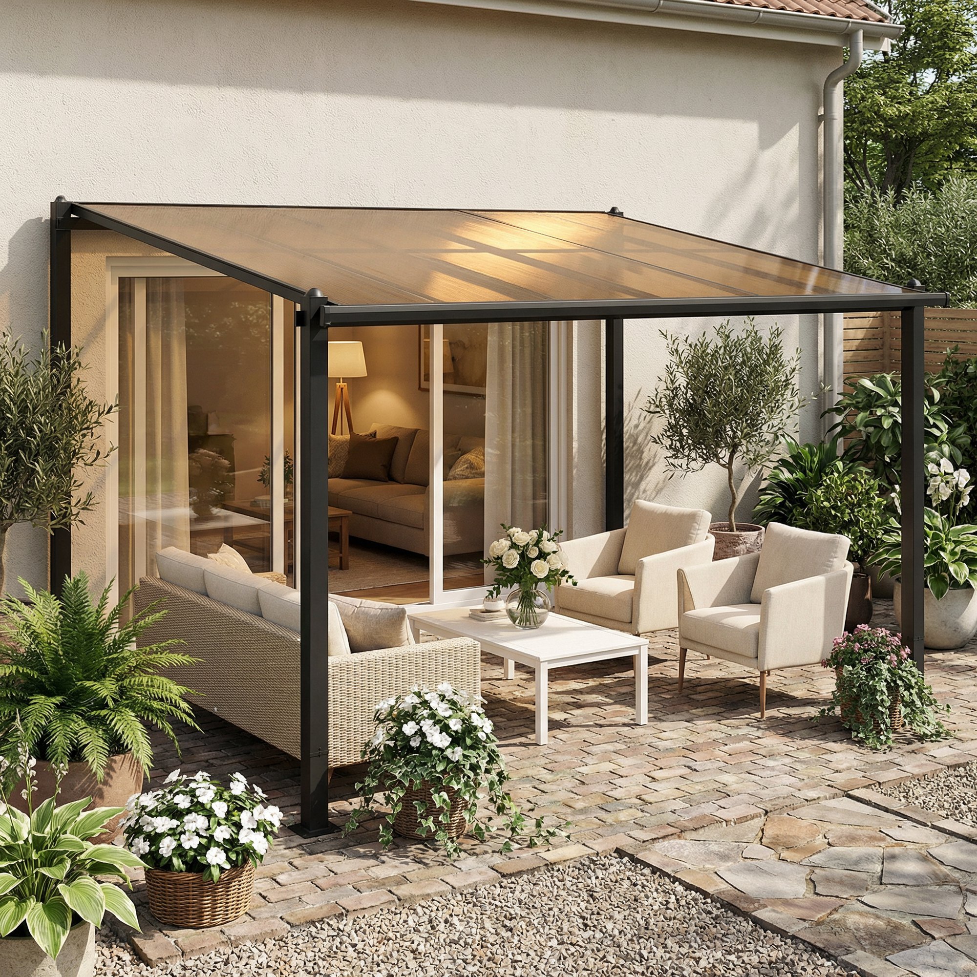 Pergola adossée alu polycarbonate 3,8 x 3 m gouttières intégrées