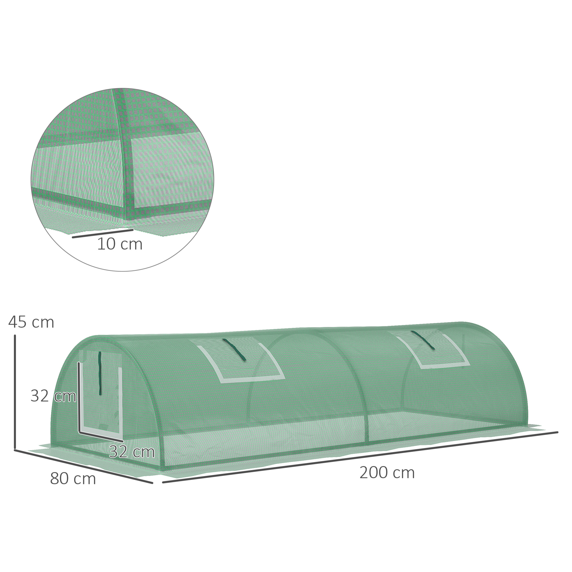 Mini serre tunnel de jardin 4 fenêtres enroulables acier PE vert