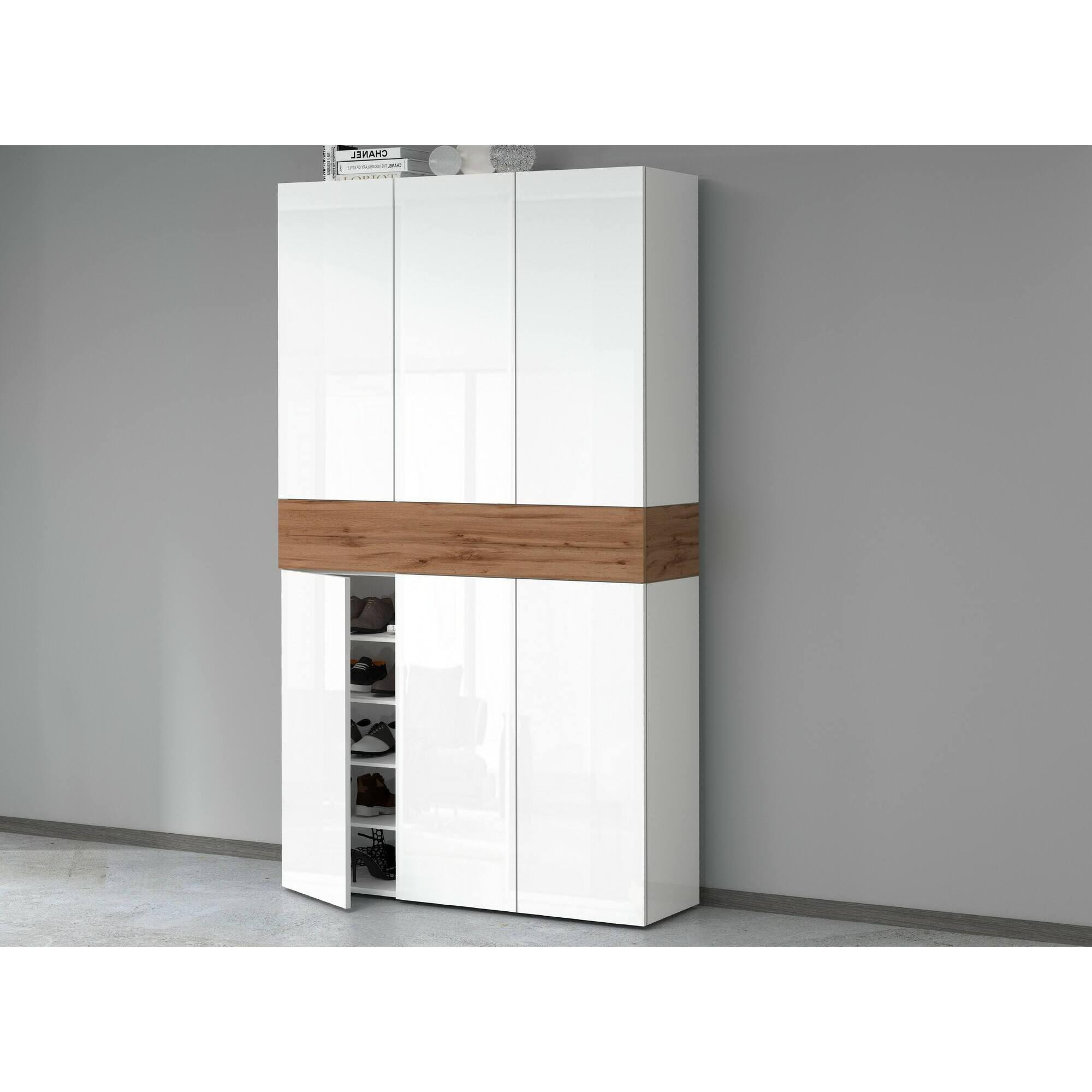 Scarpiera Dcancellier, Porta scarpe salvaspazio a 7 ante, Armadio multifunzione da ingresso, 114x38h200 cm, Bianco e Rovere