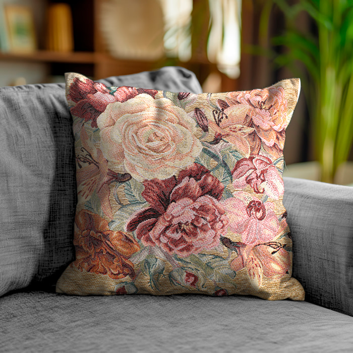 COPPIA CUSCINI ARREDO JACQUARD SFODERABILI 50X50 CM ROSES CAMOSCIO