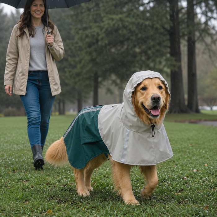 Impermeable para Perros con Capucha, Chubasquero Impermeable y Transpirable con Agujero para Correa, Tiras Reflectantes, Poncho Ajustable para Perros Grandes de 20-30 kg, L, Verde