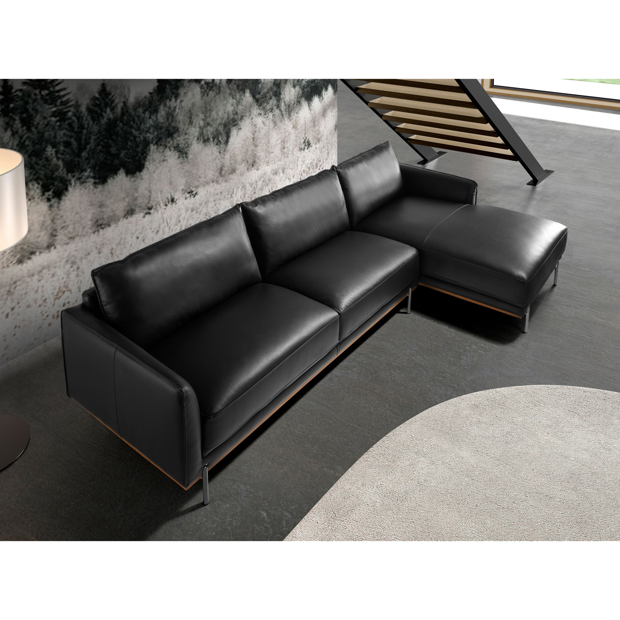 Sofá chaise longue derecha de 5 plazas tapizado en piel de origen vacuno en negro embellecedor de madera de haya vaporizada en nogal y patas de acero inoxidable oscurecido 295x160x83cm