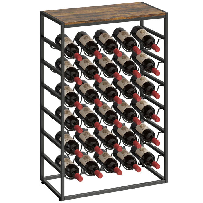 Botellero para 30 Botellas, Botellero para Vino de 6 Niveles con Encimera de Efecto Madera, Estilo Industrial, para Cocina, Comedor, Bar, 59x30x88,5 cm, Marrón Rústico