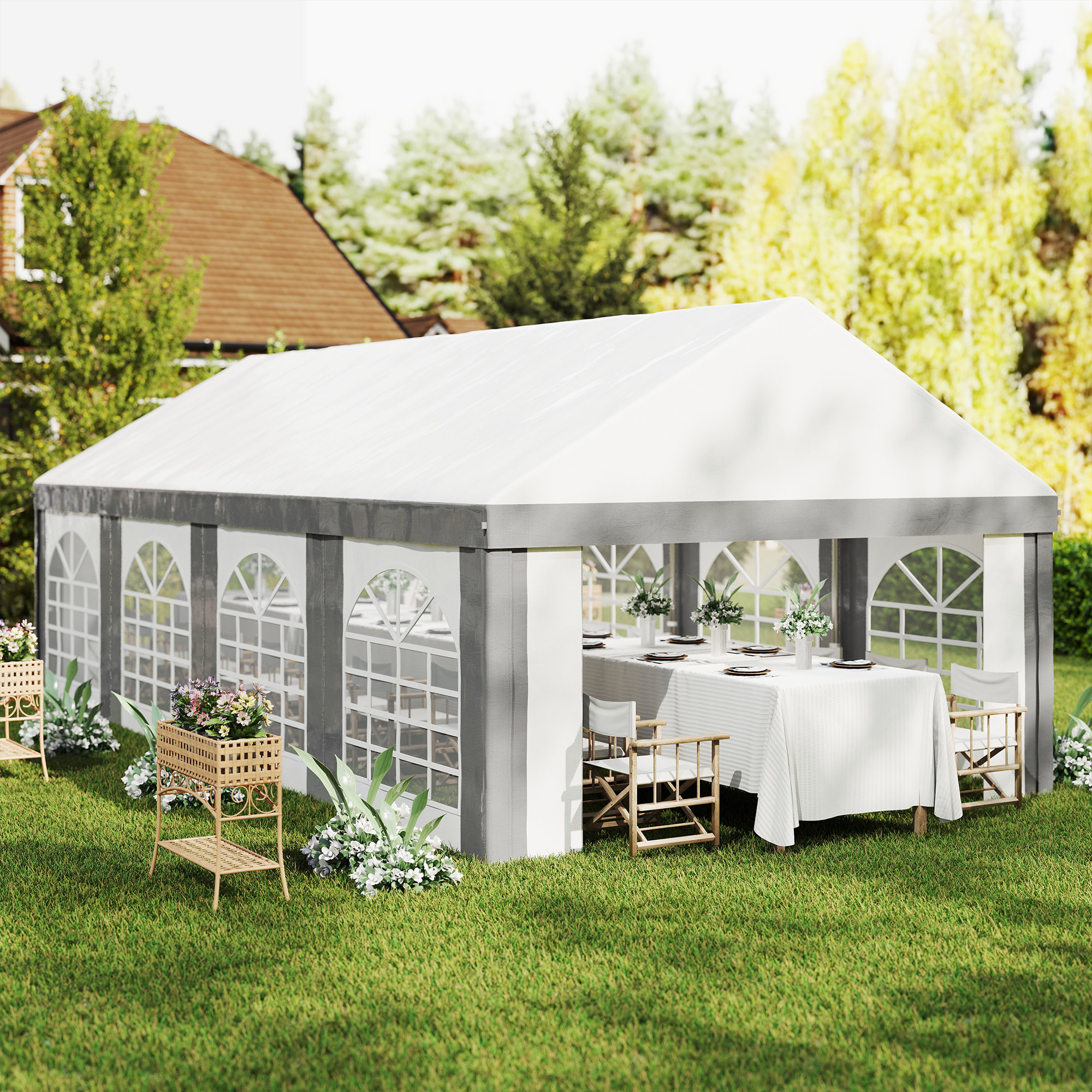 Carpa para Fiesta 4x8 m, Carpa de Jardín con Paredes Laterales Extraíbles, Puertas y Ventanas, Impermeable, Anti-UV, Cenador Gazabo para Boda, Camping, Eventos, Exterior, Gris y Blanco