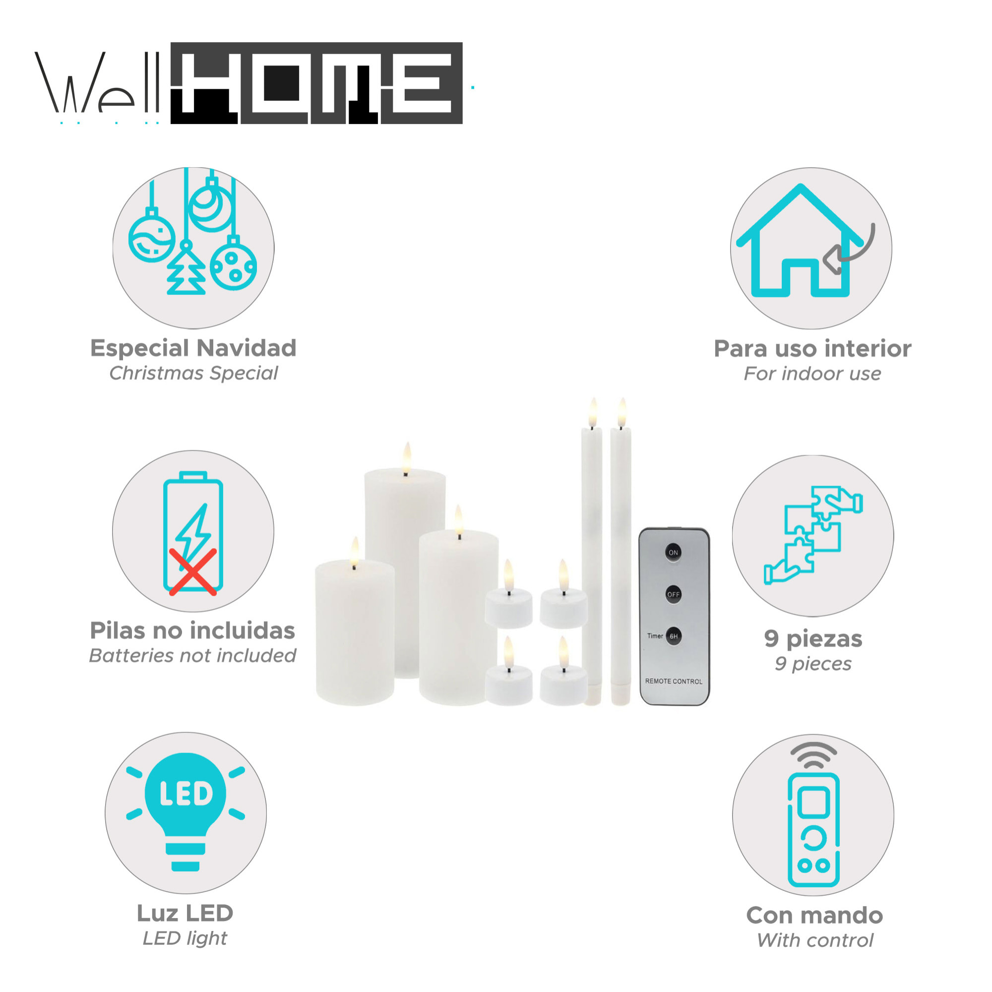 juego de 9 velas led de tamaños diferentes con control remoto