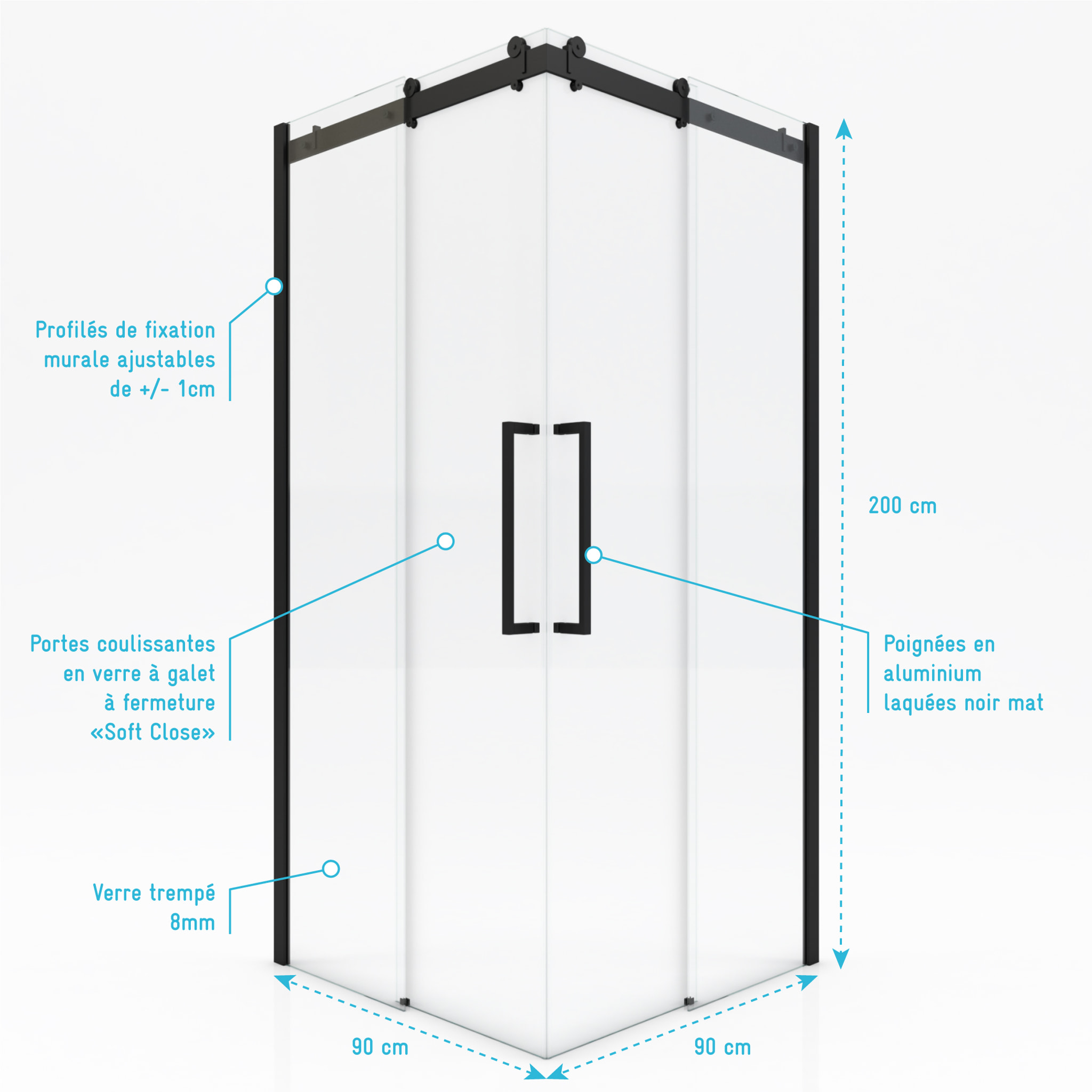 Porte de douche coulissante type industriel ouverture d'angle profiles noir mat - verre trempe 8mm