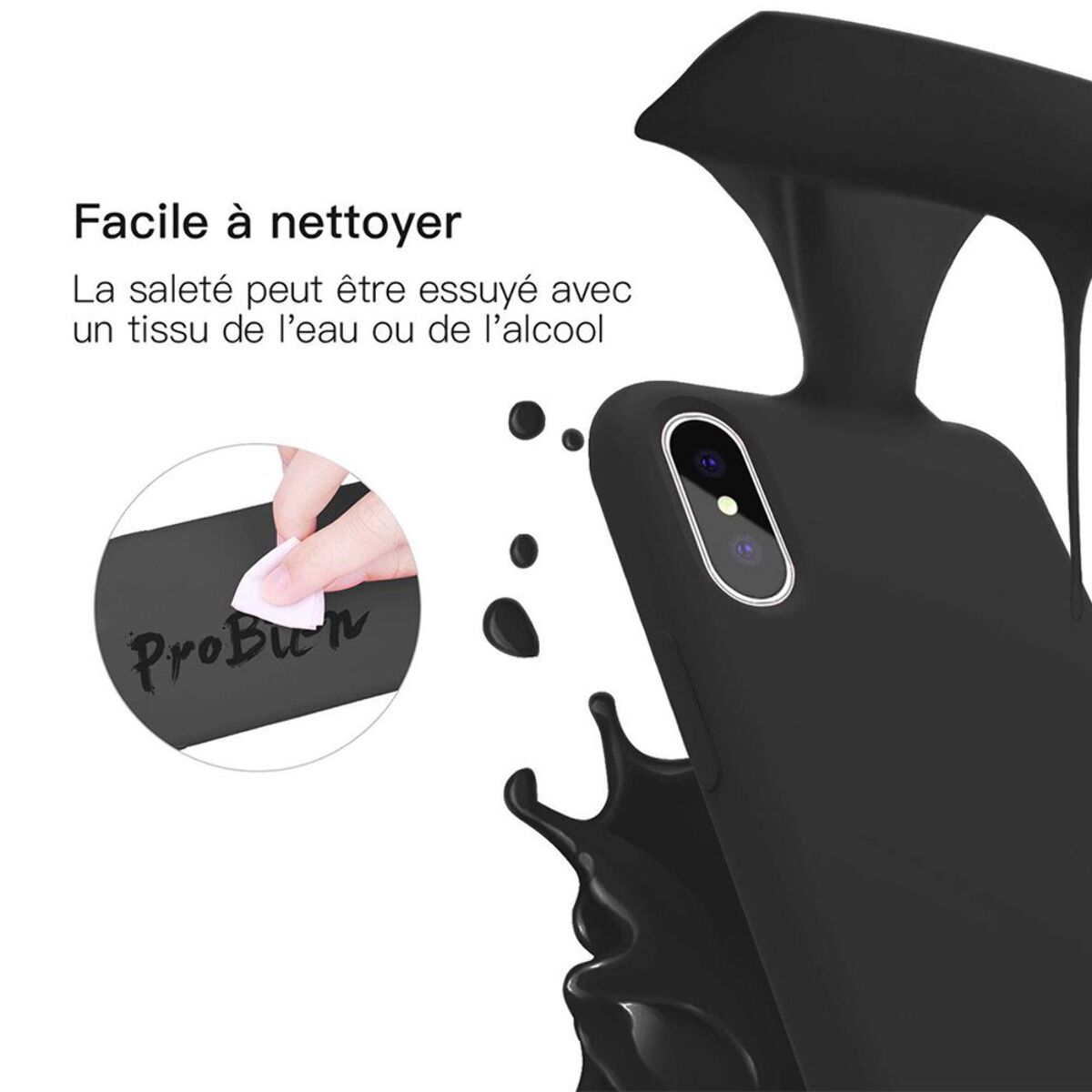 Coque iPhone X/XS Silicone Liquide noir avec vitre de protection en verre trempé