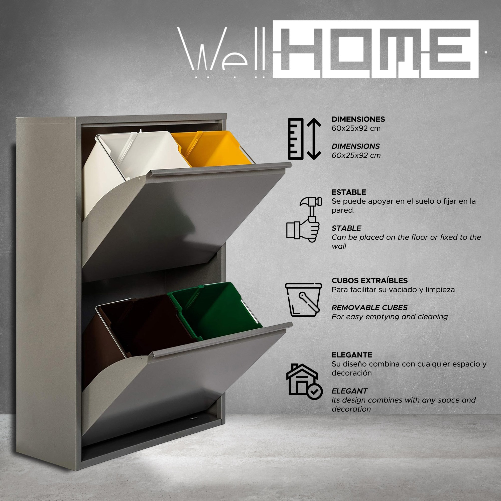 Well home - cubo de basura y reciclaje metálico de 4 compartimentos, 4x17l (68l) gris brillo