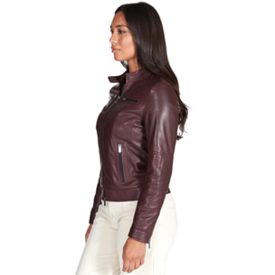 Giacca biker in pelle naturale bordeaux effetto liscio