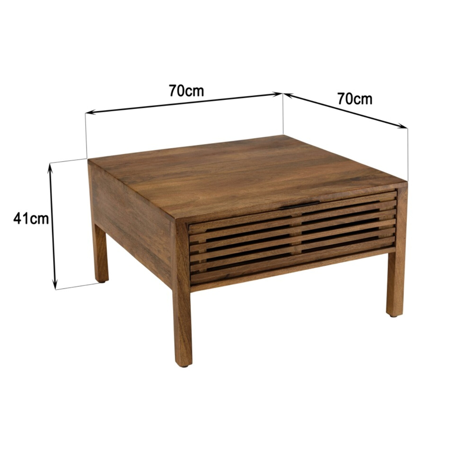 ALIX - Table basse carrée 70x70cm en bois de manguier 2 tiroirs ajourés