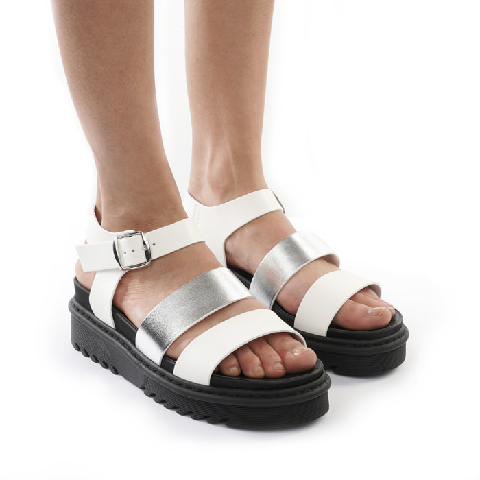 SANDALO FLATFORM TRE FASCE CHOCOLA' BIANCO E ARGENTO