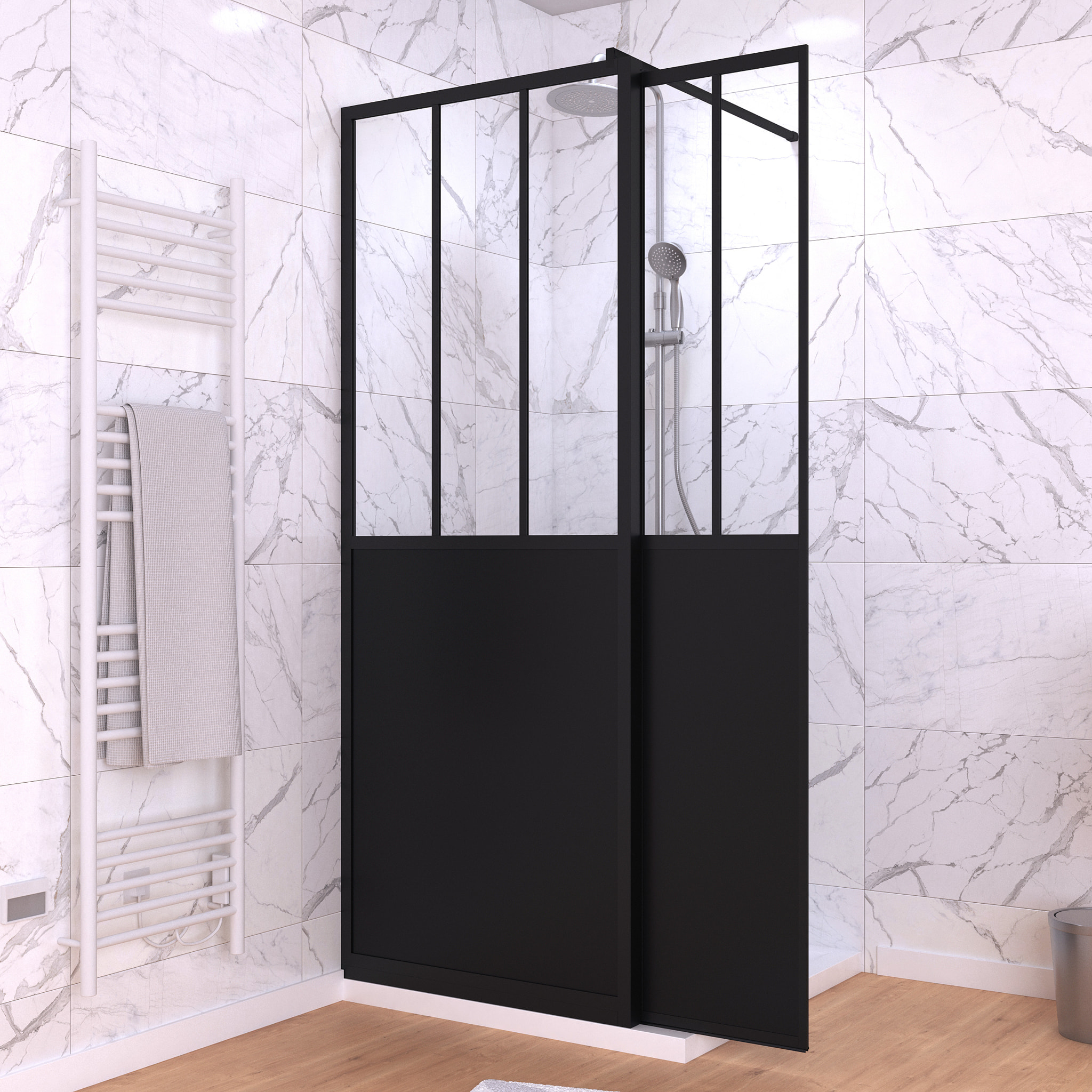 Paroi de Douche Fixe avec Volet Pivotant 80+40 x 200 cm - Finition Noir Mat et Verre Trempé