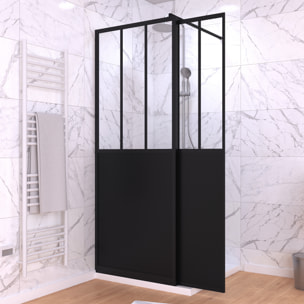 Paroi de Douche Fixe avec Volet Pivotant 80+40 x 200 cm - Finition Noir Mat et Verre Trempé
