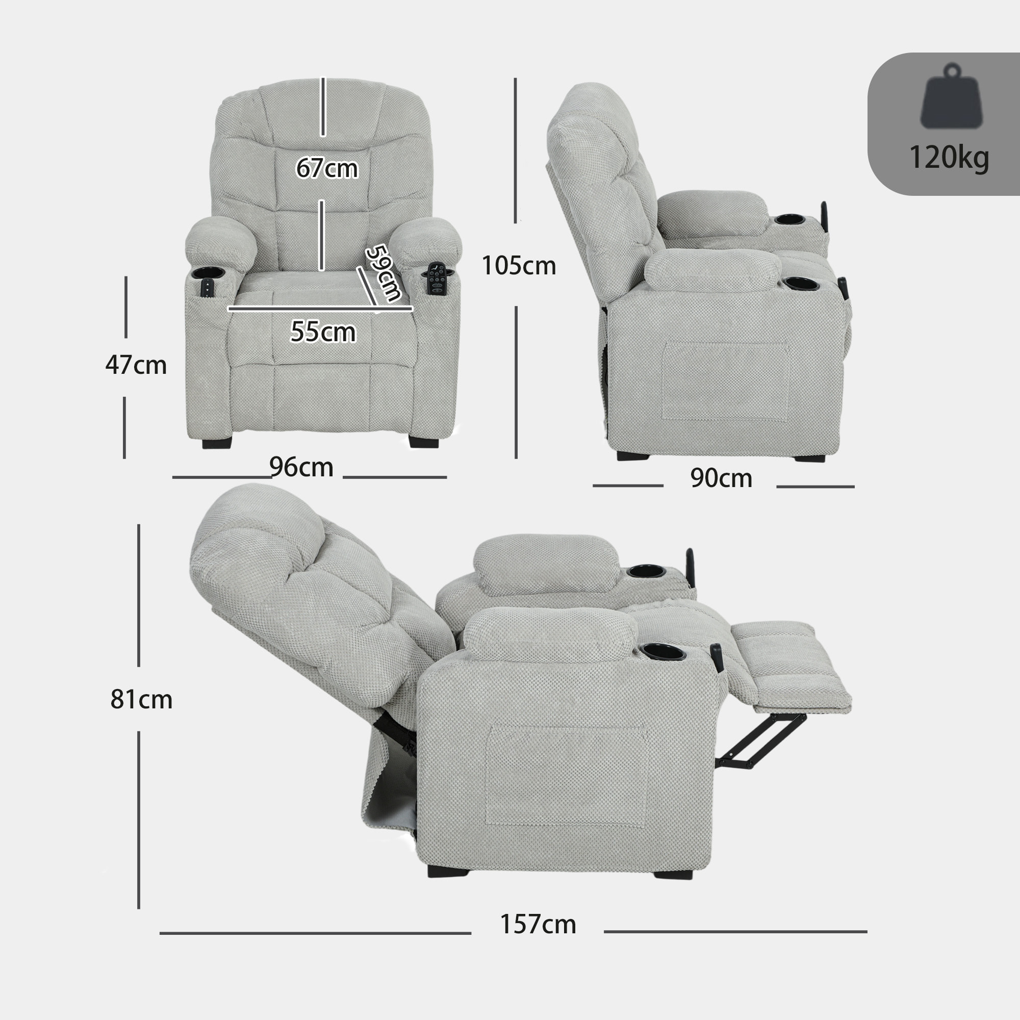 Sillón Relax Reclinable Eléctrico con Calor Lumbar y Masaje Vibración, Sillón Masaje Relax, Motor Silencioso, Función Memoria, Asiento Ancho, Bolsillos, Portavasos, USB, Tela Terciopelo, Gris