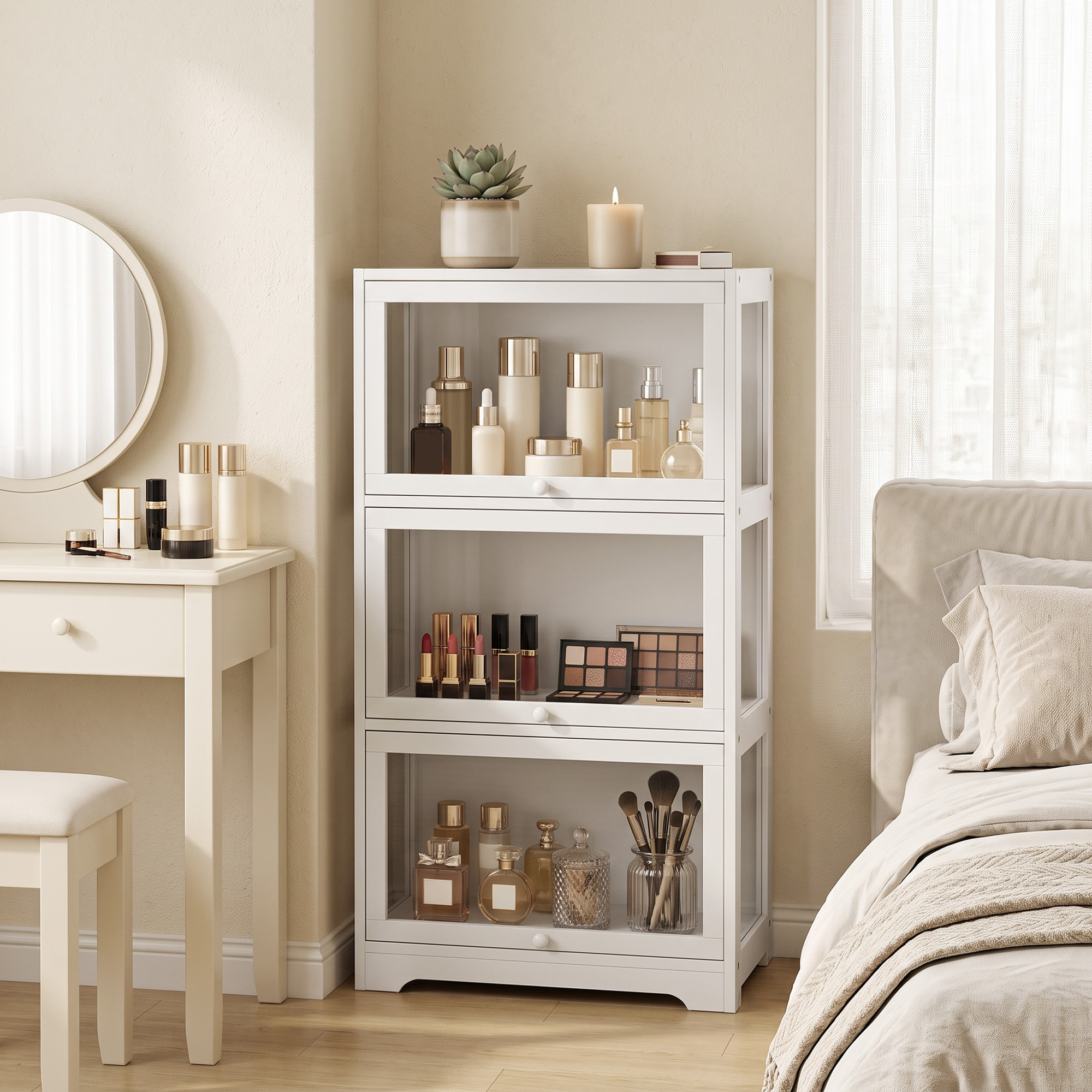 Vitrina Expositora para Colecciones de 3 Niveles, Vitrina con Puertas Abatibles de Acrílico, Anti-vuelco, Armario Auxiliar para Perfumes, Figuras de Decoración, 59x30x106 cm, Blanco