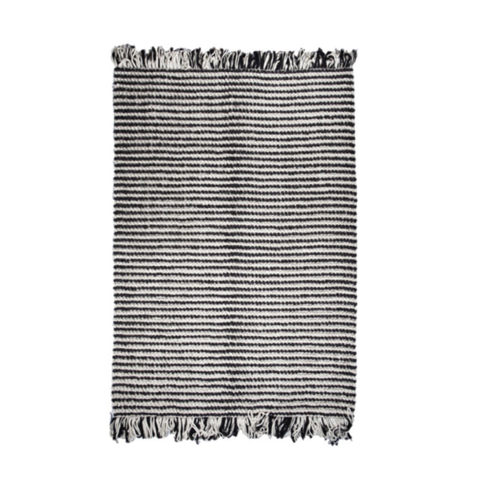 Tapis 140x200 cm en tissu texturé pompons avec franges bicolores - MARINE