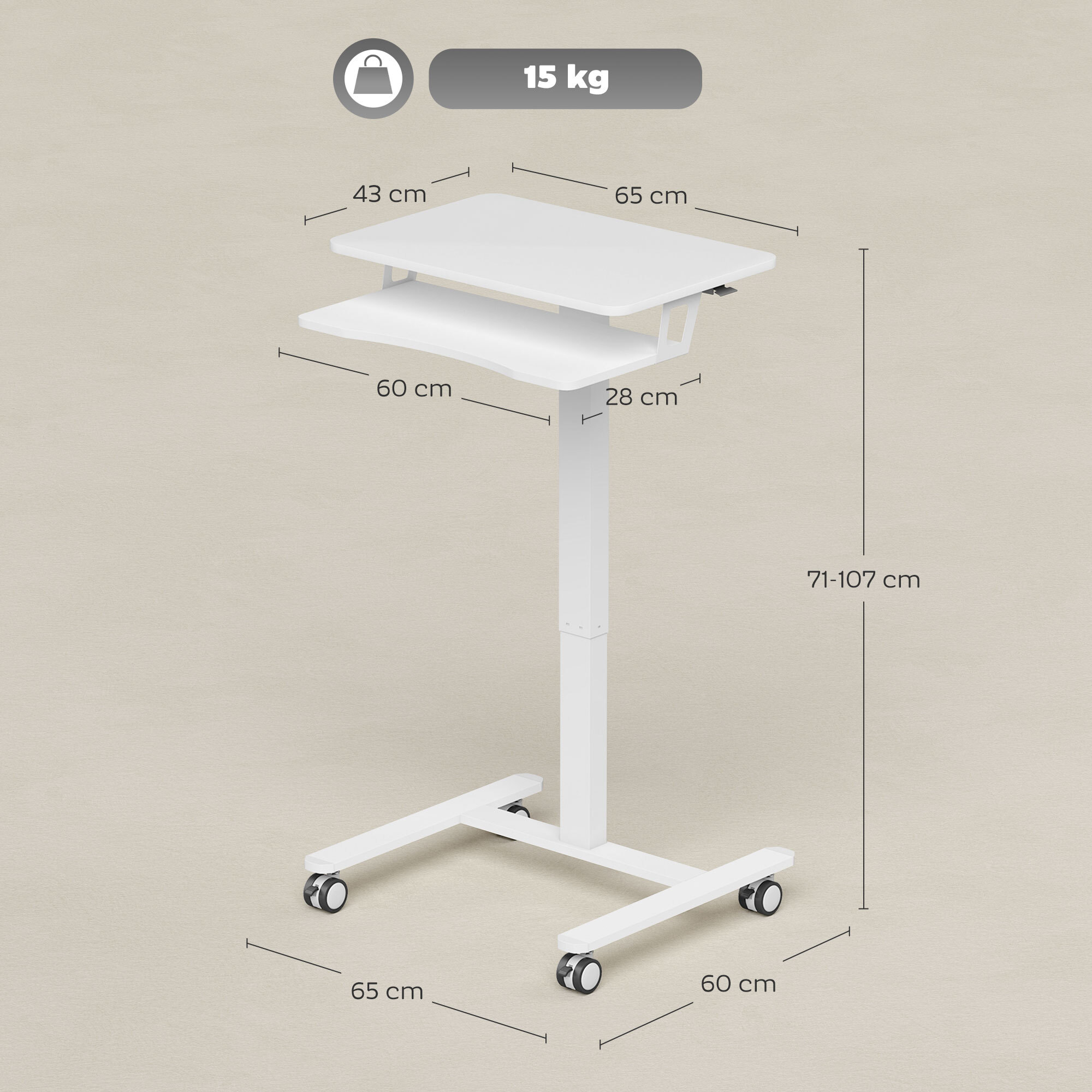 Bureau assis-debout mobile réglable table de lit 2 en 1 acier MDF blanc