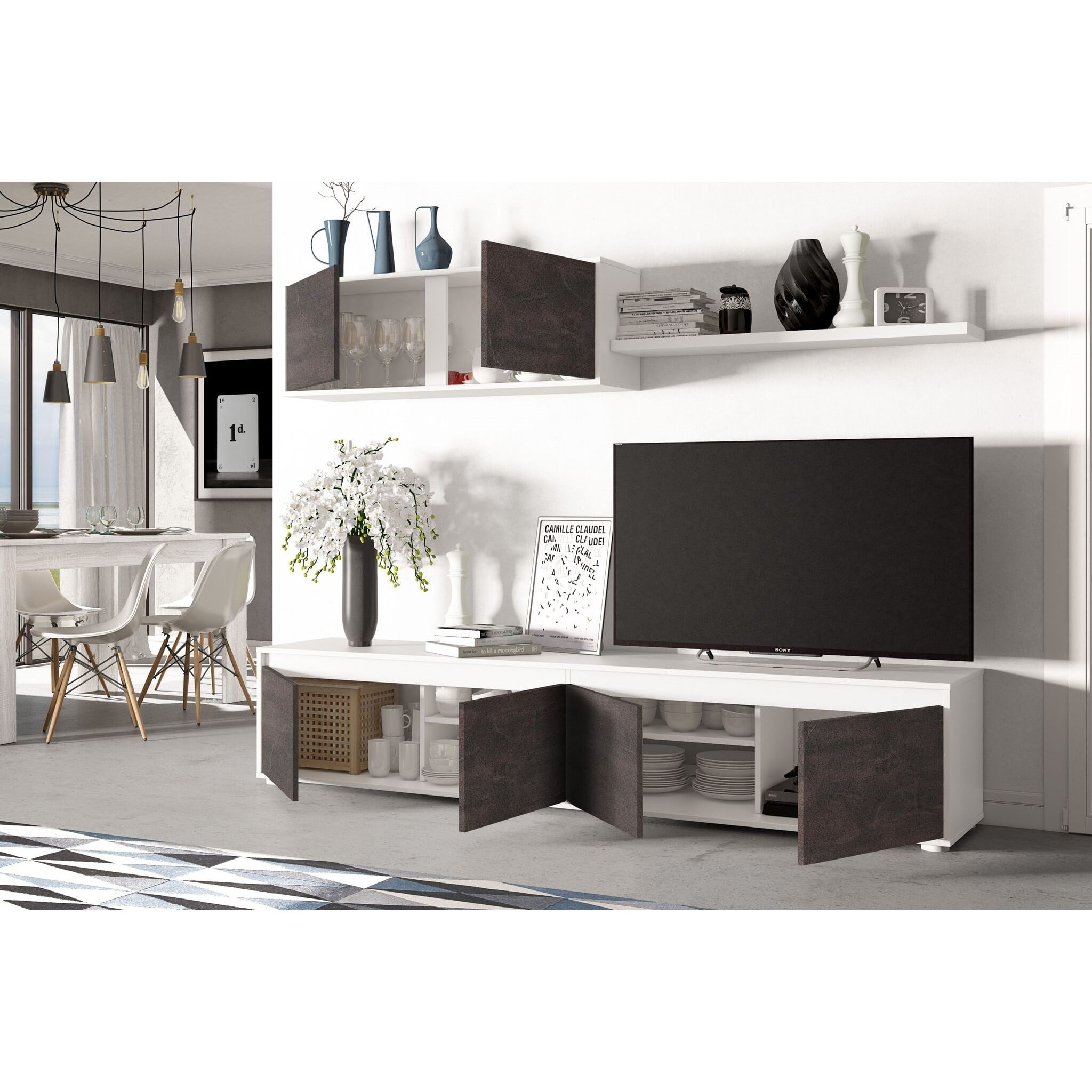Parete Attrezzata Mobile Mobile Soggiorno TV con Mensola e Modulo Sospeso Salotto Legno Base Televisione Sala da Pranzo 200x41x43 cm Bianco E Ossido