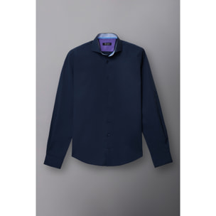 Camicia Uomo 1 Bottone Francese Slim Popeline Stretch Unito Blu