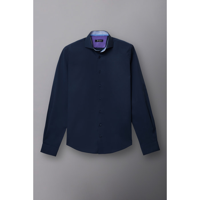 Camicia Uomo 1 Bottone Francese Slim Popeline Stretch Unito Blu