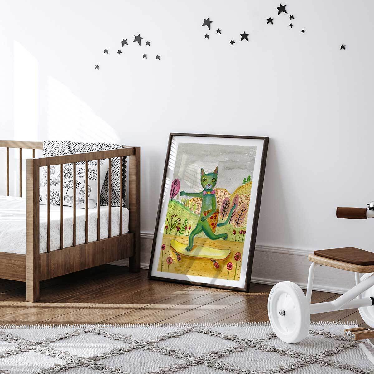 Affiche enfant pizza cat  Affiche + cadre en bois - Noir