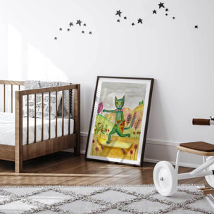 Affiche enfant pizza cat  Affiche + cadre en bois - Noir