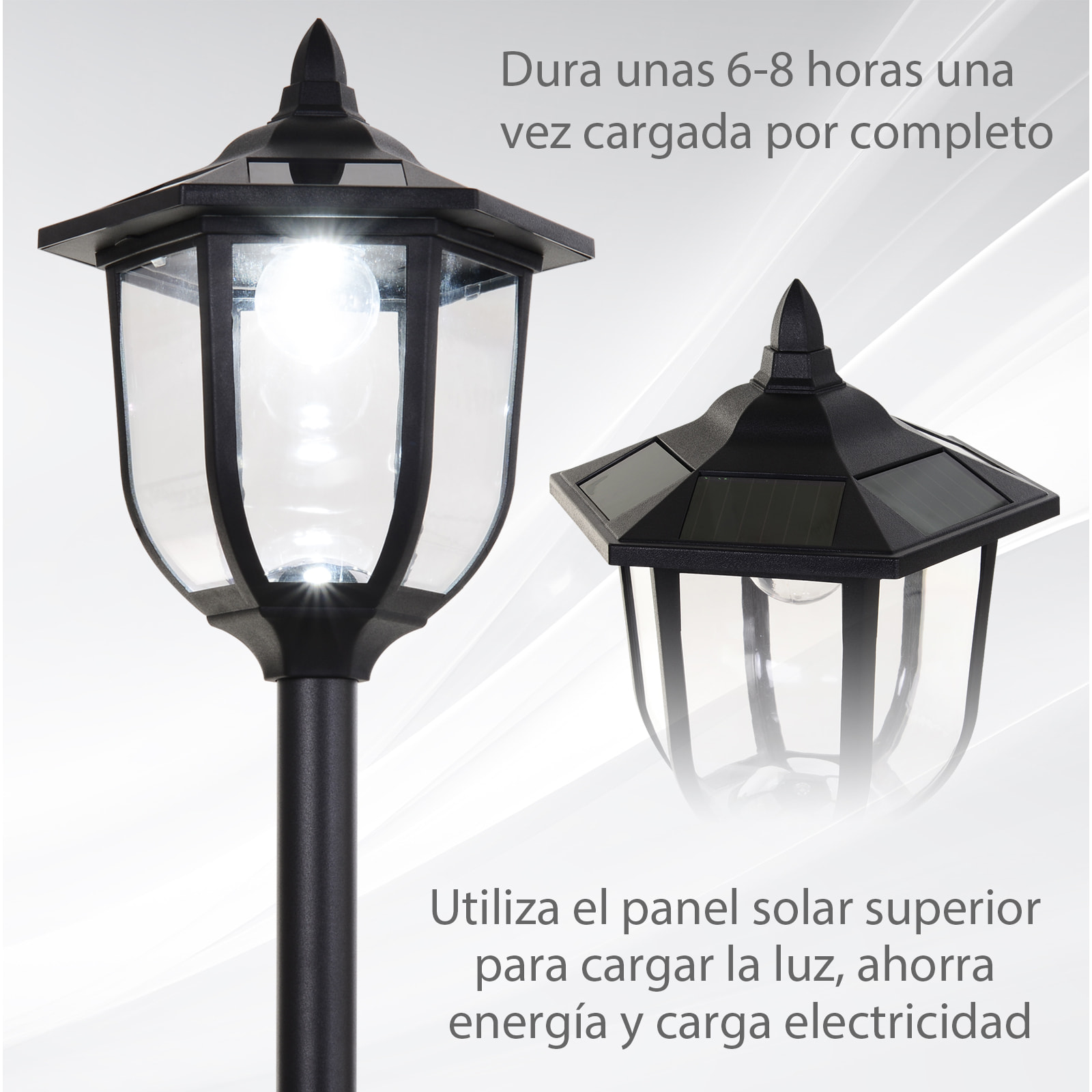Conjunto de 2 Farolas Solares Luces de Solar para Jardín con Panel Solar Encendido Automático Protección al Ambiente y 6 Luces LED para Terraza Patio Ø26,5x177 cm Negro