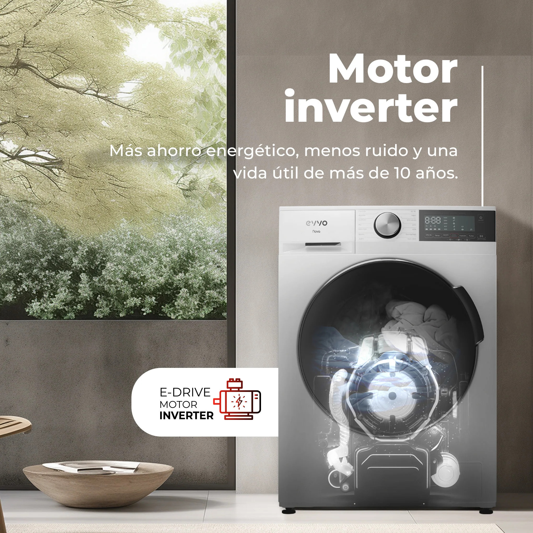 EVVO Lavadora 12 kg carga frontal Nova 12, 1350 rpm, Clase energética A, Motor Inverter, tambor diamante ePROTECT, 14 programas, Función vapor Steam Wash, Smart LOAD, Lavado Rápido 15', Inicio diferido, Inox