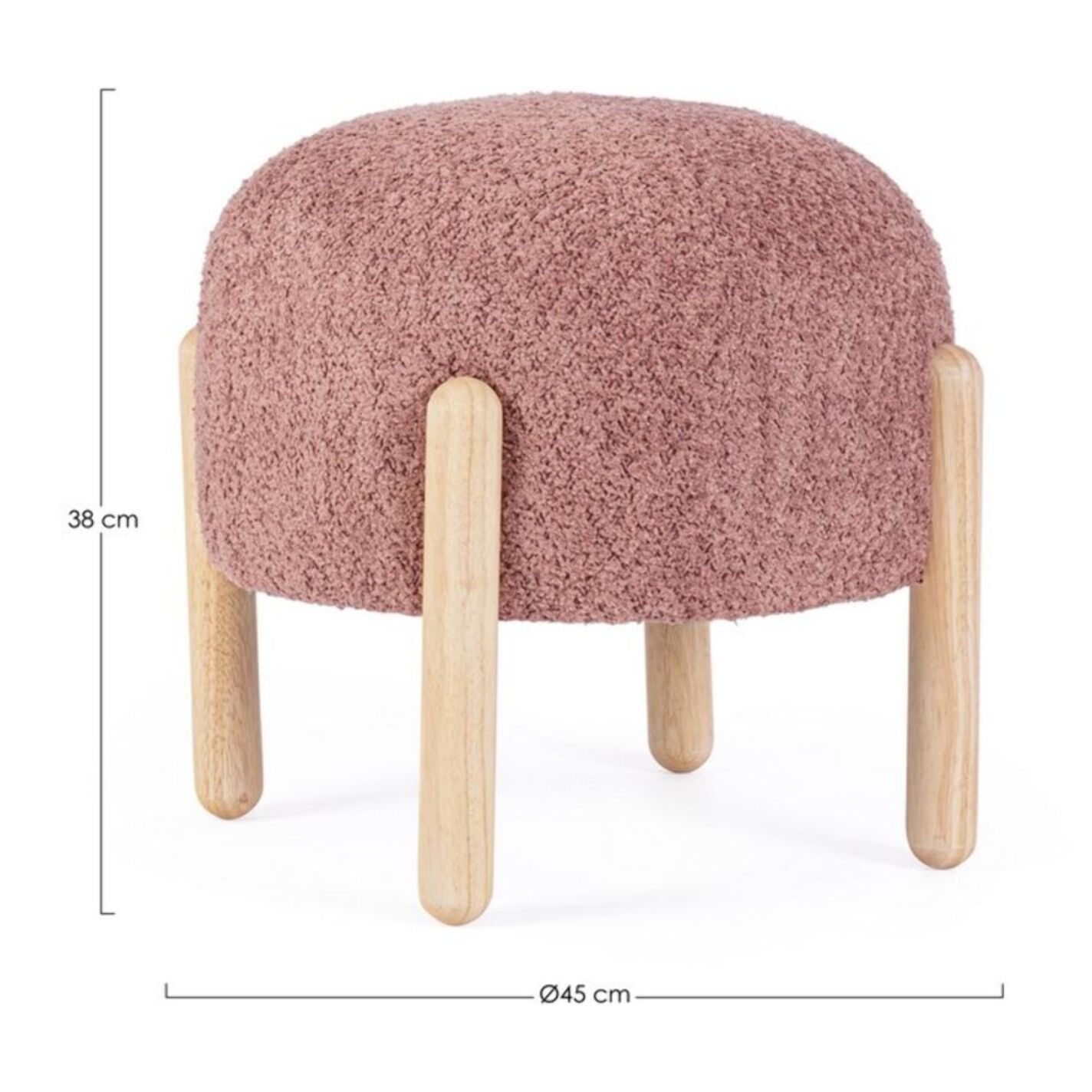 Pouf DAYLA in tessuto rosa scuro effetto bouclé e gambe in legno rubber wood