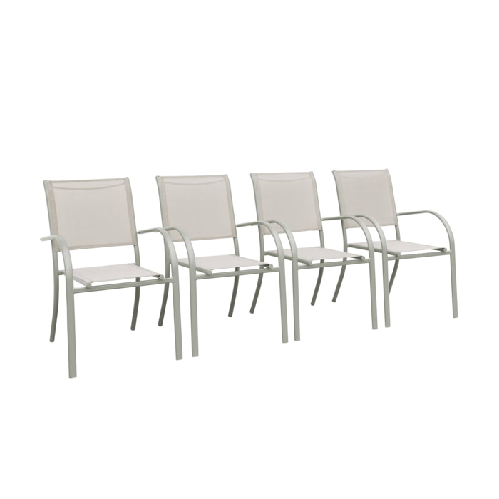 Lot de 4 fauteuils de jardin empilables TARANTO aluminium et textilène. kaki. 66 x 55 x 86 cm
