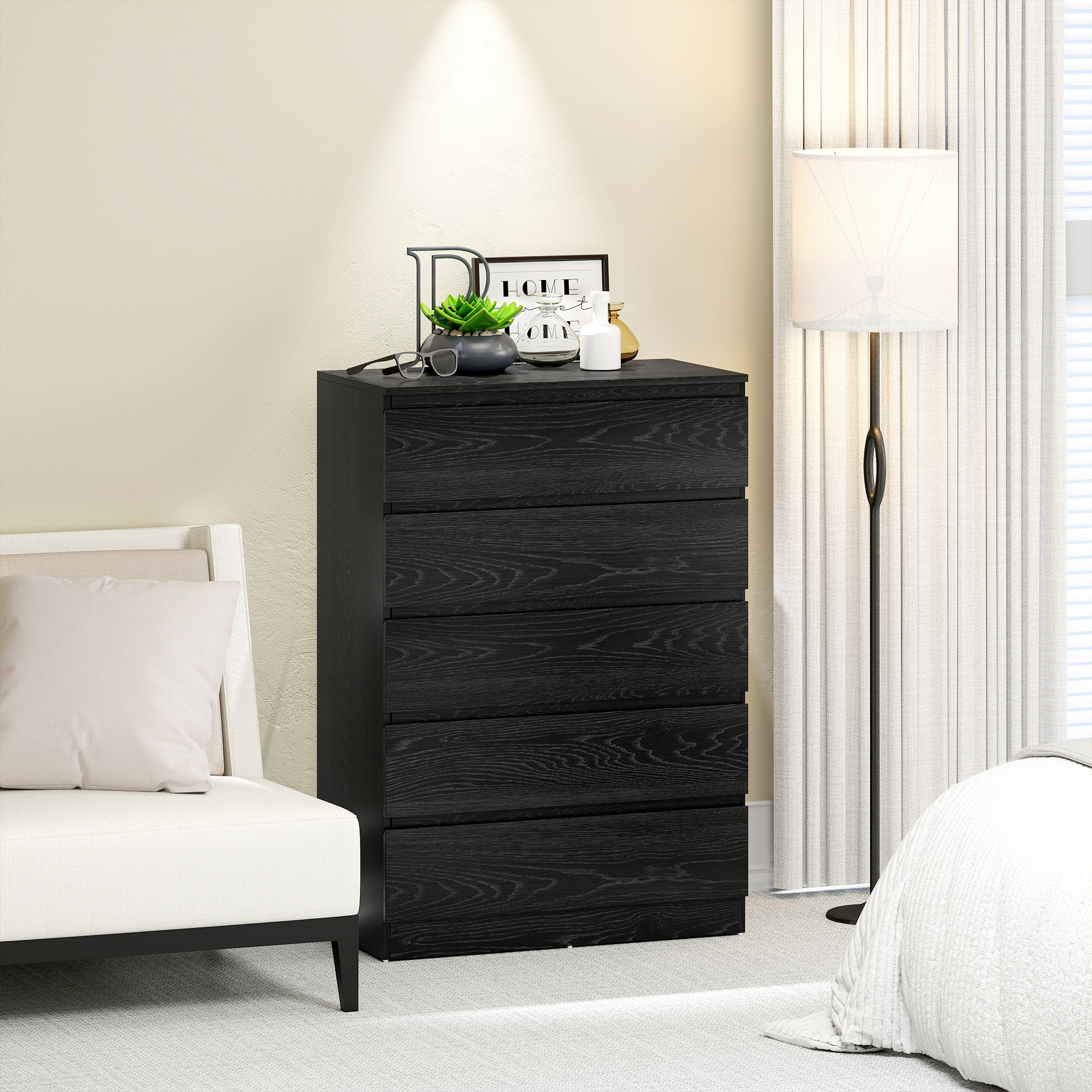 Cómoda 5 Cajones, Cómoda Dormitorio, Cajonera para Salón, Oficina, Estilo Moderno, 77x40x111,5 cm, Negro Veteado