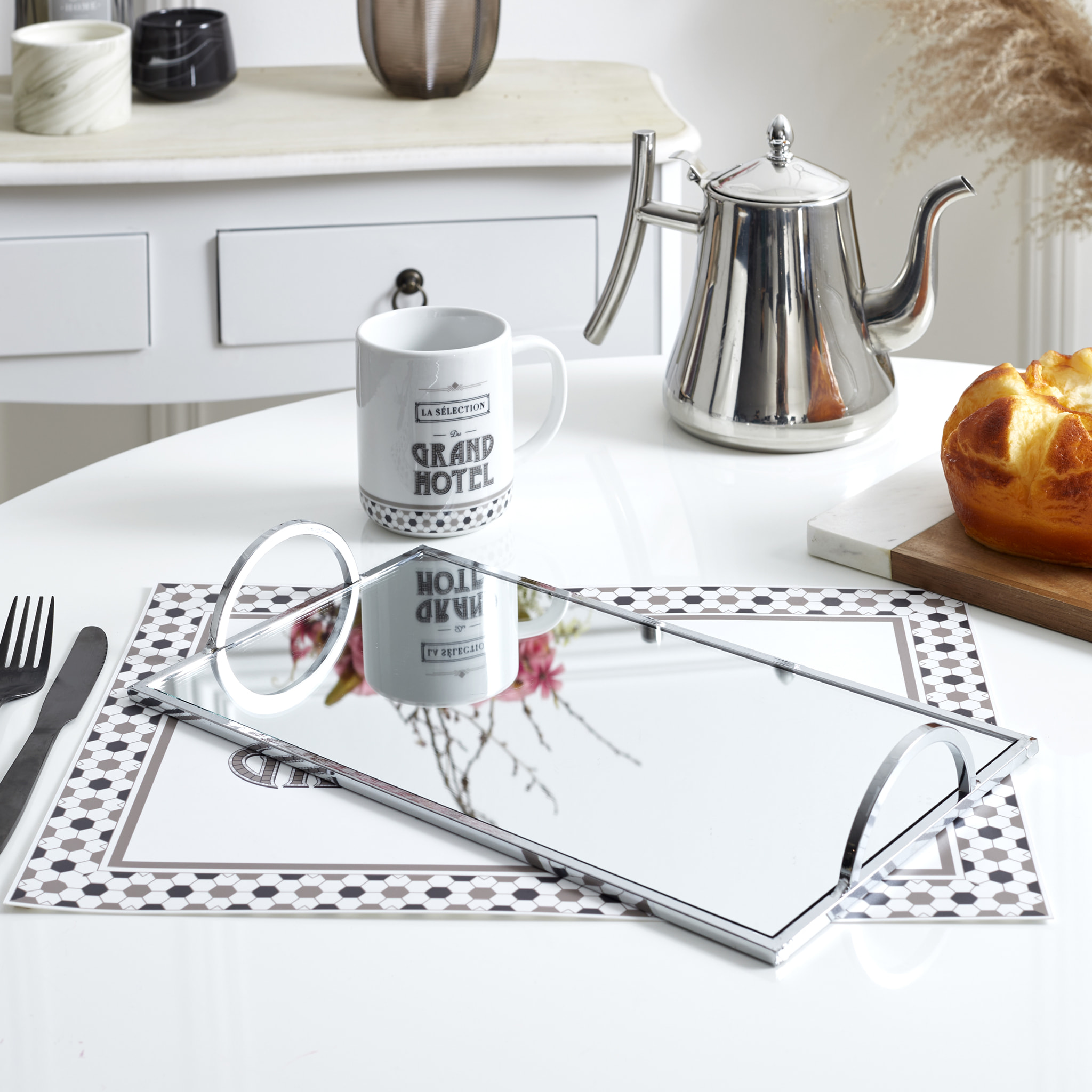 PLATEAU DE SERVICE MIROIR ARGENTE 35X20CM