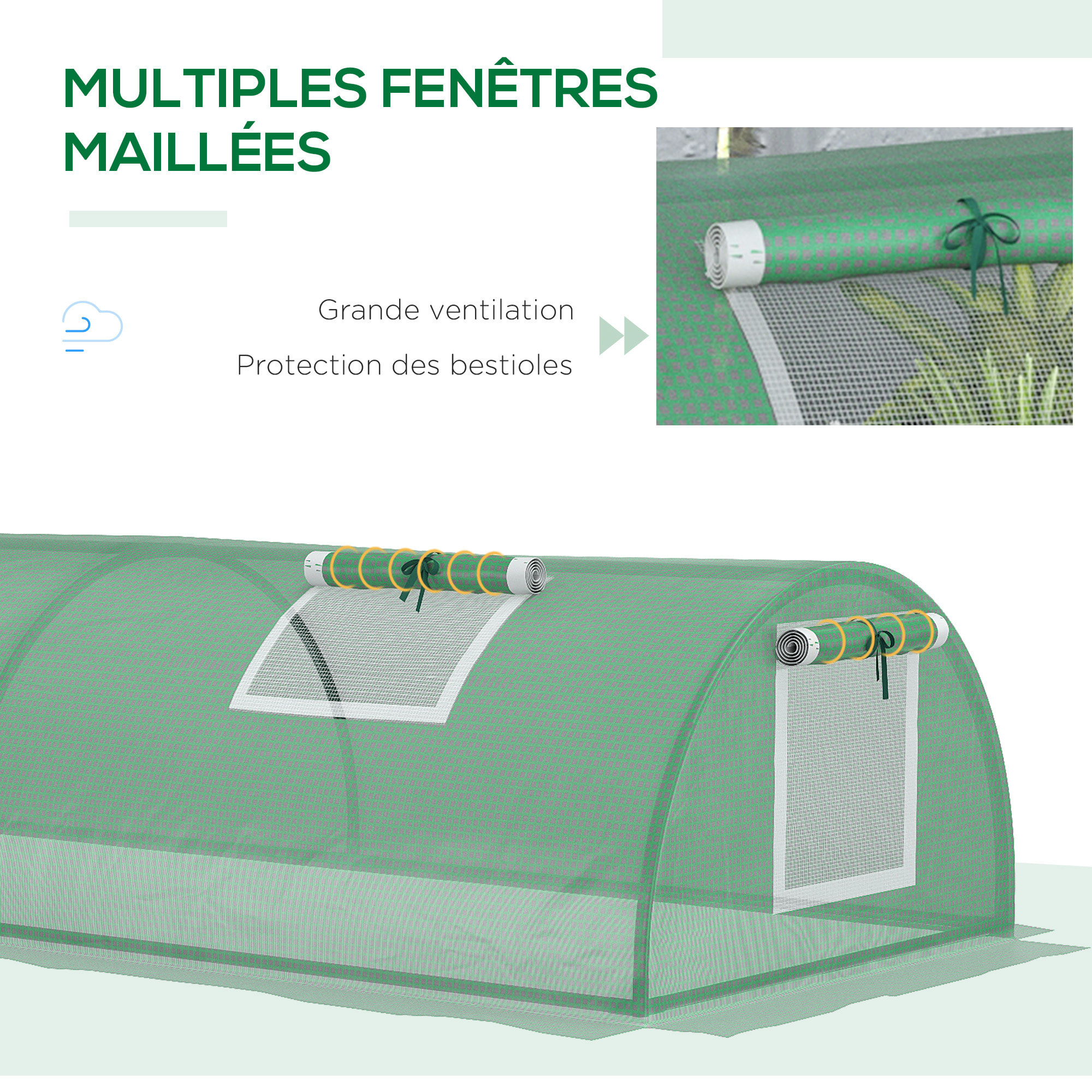 Mini serre de jardin serre à tomates dim. 300L x 80l x 45H cm acier PE 5 fenêtres zippées enroulables vert