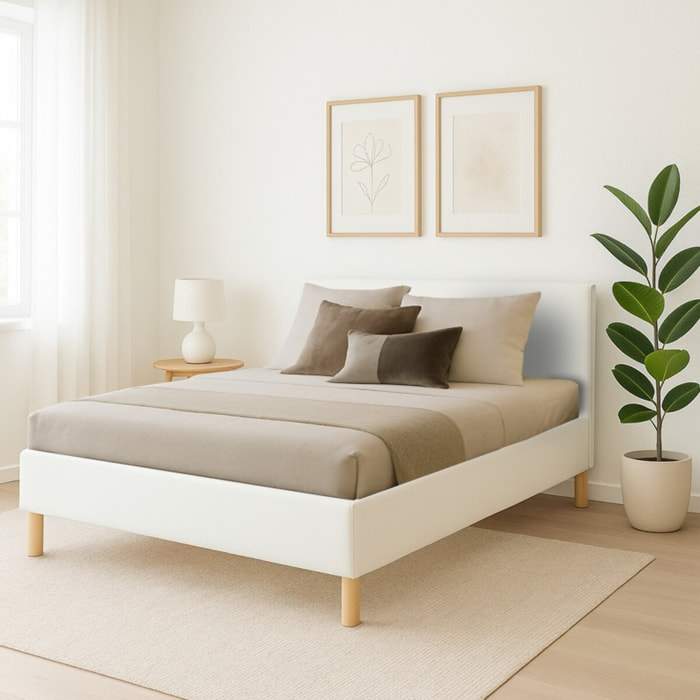 Ensemble Lit avec tête de lit & matelas | Mémoire de forme avec surmatelas intégré | Cadre à lattes | Simili cuir | Blanc