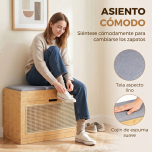 Banco Zapatero, Banco Recibidor con Asiento Acolchado, Cajón Abatible, Puerta de Ratán, Estante Ajustable, para Entrada, Pasillo, Salón, 63x29x48 cm, Natural y Gris
